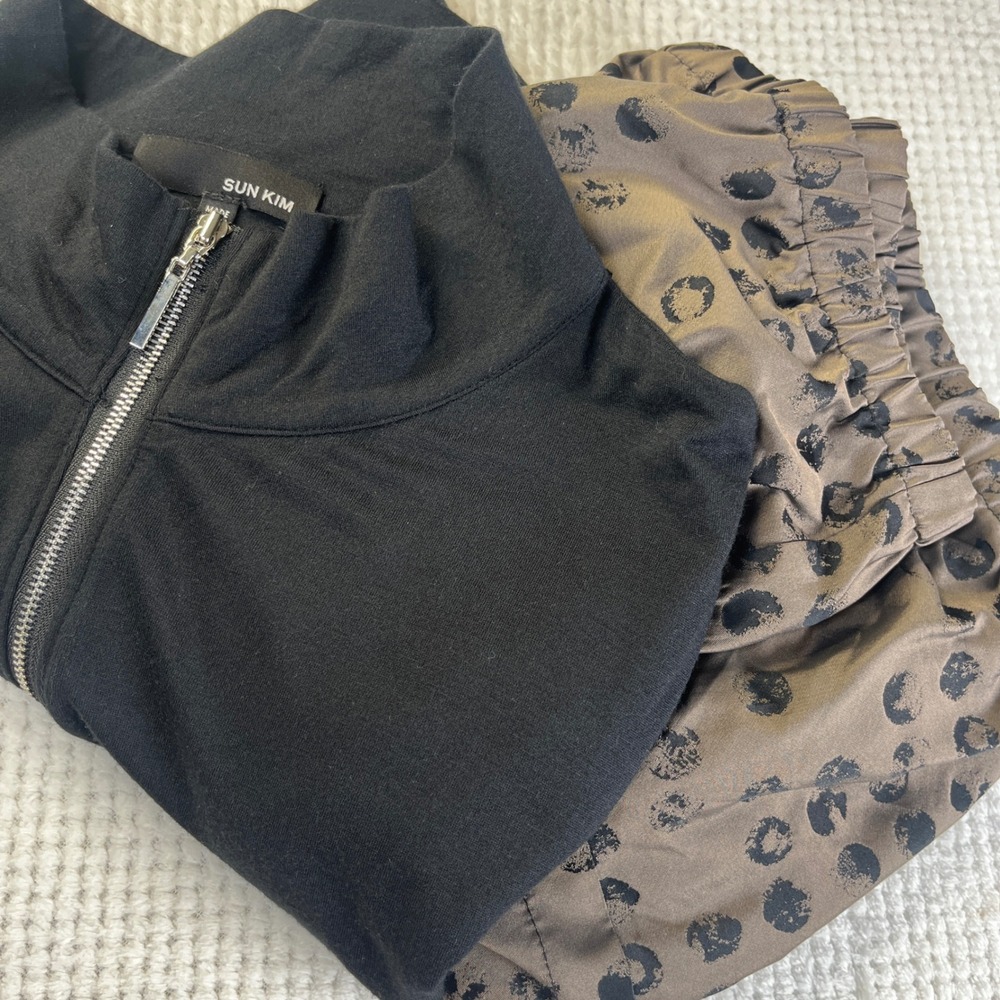 Sun‎ Kim Mixed Media Quarter Zip Bubble Hem Dress Black Bronze XL ME198JP